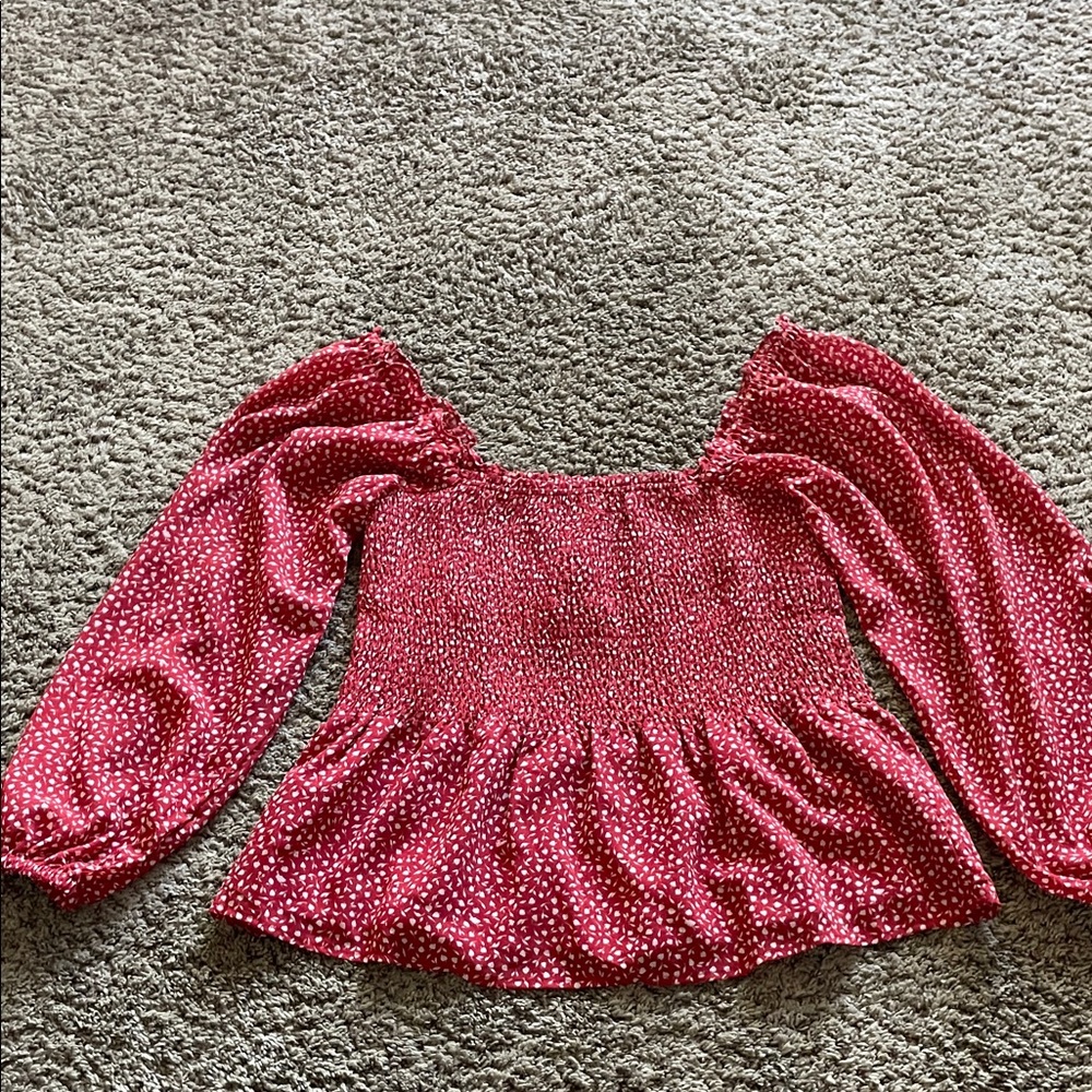 Madewell Red and White Smocked Blouse